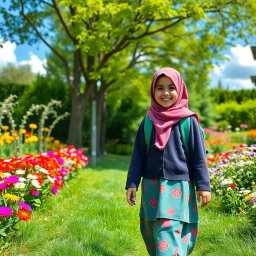 A happy Muslim Persian girl, wearing a colorful school uniform and a hijab, walking through a vibrant garden filled with blooming flowers