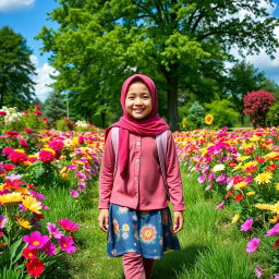 A happy Muslim Persian girl, wearing a colorful school uniform and a hijab, walking through a vibrant garden filled with blooming flowers