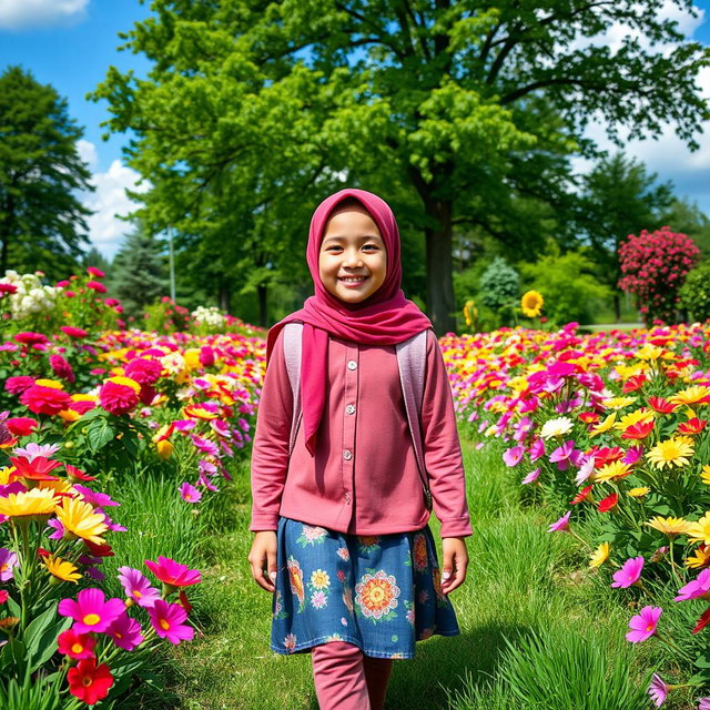 A happy Muslim Persian girl, wearing a colorful school uniform and a hijab, walking through a vibrant garden filled with blooming flowers