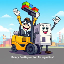 A vibrant and friendly cartoon-style mascot representing a forklift and a genset