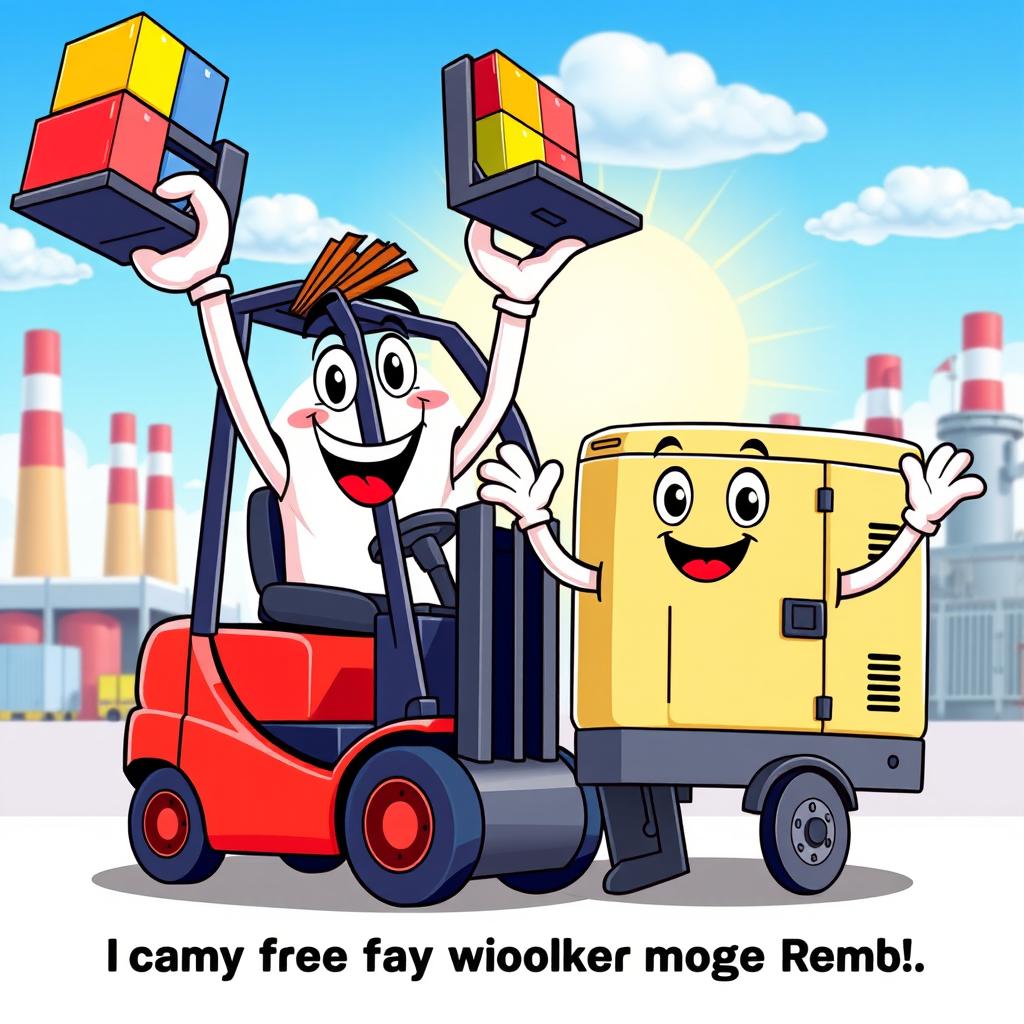 A vibrant and friendly cartoon-style mascot representing a forklift and a genset