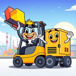 A vibrant and friendly cartoon-style mascot representing a forklift and a genset