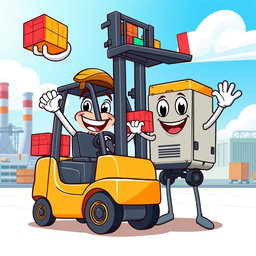 A vibrant and friendly cartoon-style mascot representing a forklift and a genset