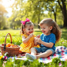 A heartwarming scene depicting a young girl happily feeding a young boy