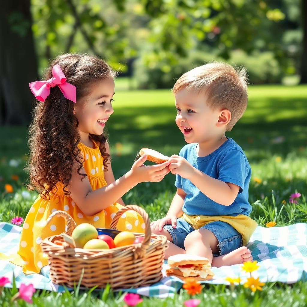 A heartwarming scene depicting a young girl happily feeding a young boy
