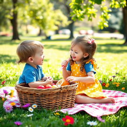 A heartwarming scene depicting a young girl happily feeding a young boy