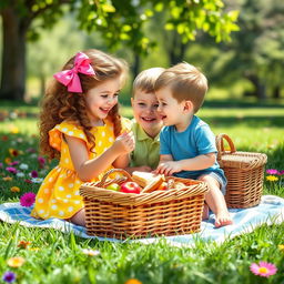 A heartwarming scene depicting a young girl happily feeding a young boy