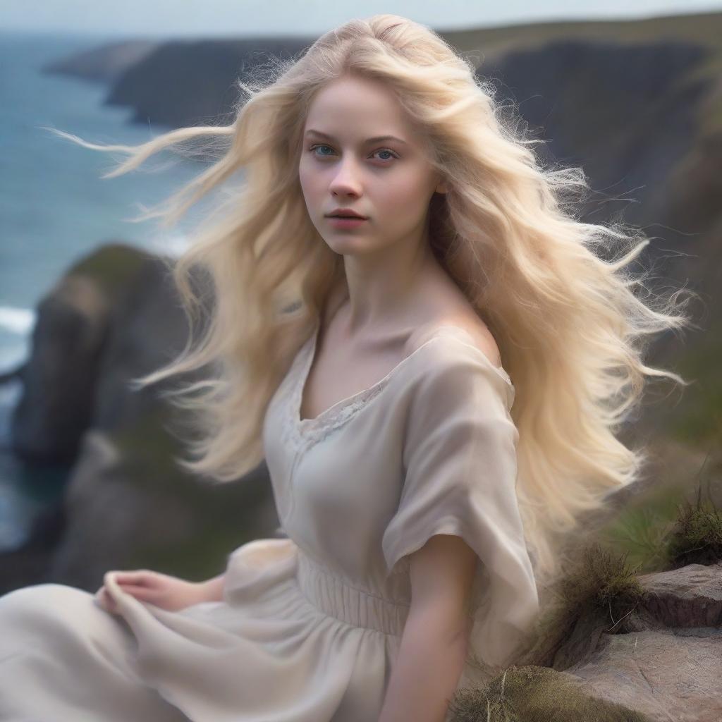 Revise the previous scene with the same model, but now she has flowing blonde hair that is being ruffled by the wind on the cliff's edge.