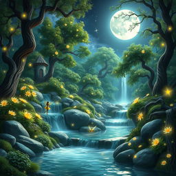 A mesmerizing fantasy landscape featuring a mystical forest, where luminescent flowers bloom under the light of a full moon
