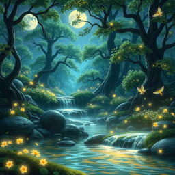 A mesmerizing fantasy landscape featuring a mystical forest, where luminescent flowers bloom under the light of a full moon