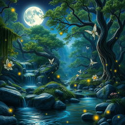 A mesmerizing fantasy landscape featuring a mystical forest, where luminescent flowers bloom under the light of a full moon