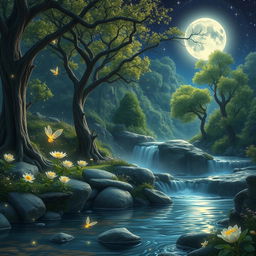 A mesmerizing fantasy landscape featuring a mystical forest, where luminescent flowers bloom under the light of a full moon