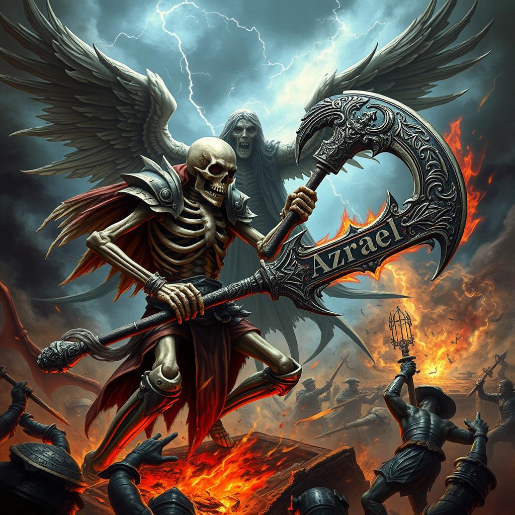 An epic battle scene featuring a fearsome skeleton warrior locked in combat with the figure of Azrael, the Angel of Death