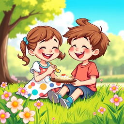 A whimsical cartoon scene featuring a little girl joyfully feeding a little boy, both with bright smiles