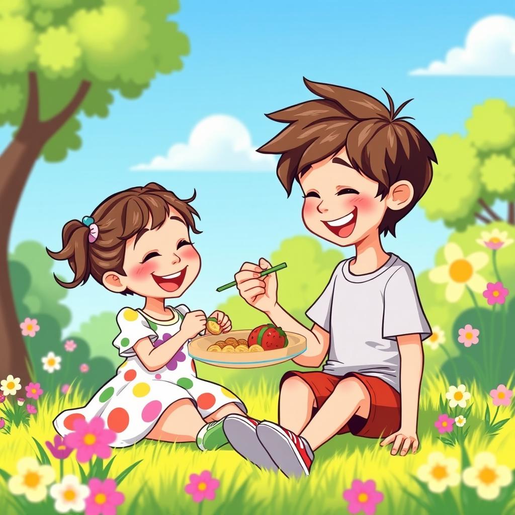 A whimsical cartoon scene featuring a little girl joyfully feeding a little boy, both with bright smiles
