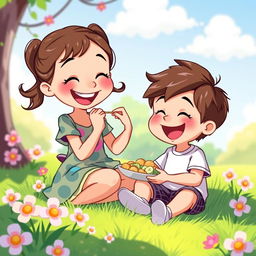 A whimsical cartoon scene featuring a little girl joyfully feeding a little boy, both with bright smiles