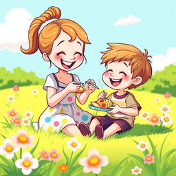A whimsical cartoon scene featuring a little girl joyfully feeding a little boy, both with bright smiles