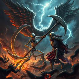 An epic battle scene featuring a fierce skeleton warrior engaged in a clash with Azrael, the Angel of Death