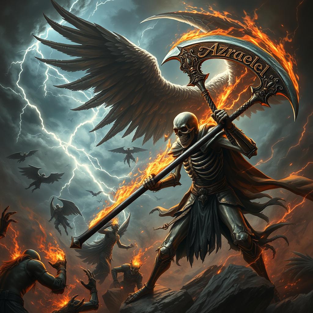 An epic battle scene featuring a fierce skeleton warrior engaged in a clash with Azrael, the Angel of Death