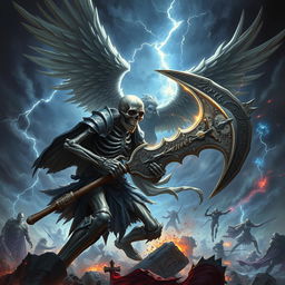 An epic battle scene featuring a fierce skeleton warrior engaged in a clash with Azrael, the Angel of Death