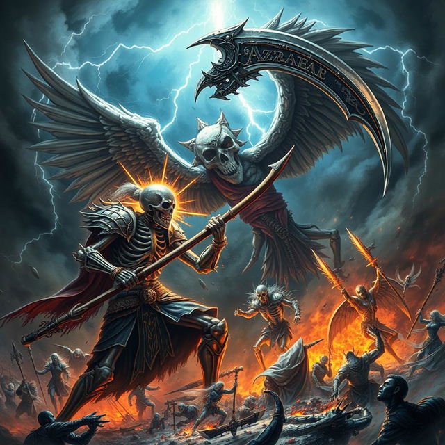 An epic battle scene featuring a fierce skeleton warrior engaged in a clash with Azrael, the Angel of Death