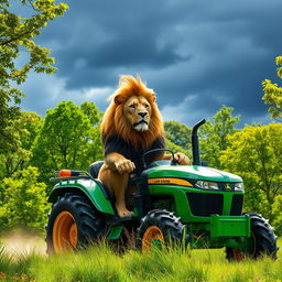A majestic wild lion confidently riding a bright green tractor through a lush forest scene