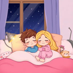 A cartoon illustration of two siblings peacefully sleeping together