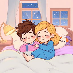 A cartoon illustration of two siblings peacefully sleeping together