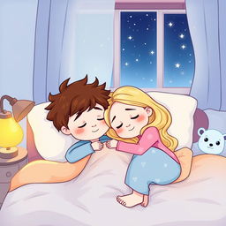 A cartoon illustration of two siblings peacefully sleeping together