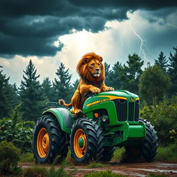 A wild lion confidently riding atop a tractor, navigating through a dense forest scene
