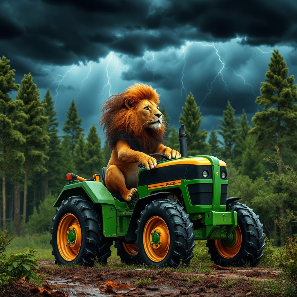A wild lion confidently riding atop a tractor, navigating through a dense forest scene
