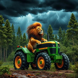 A wild lion confidently riding atop a tractor, navigating through a dense forest scene