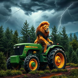 A wild lion confidently riding atop a tractor, navigating through a dense forest scene