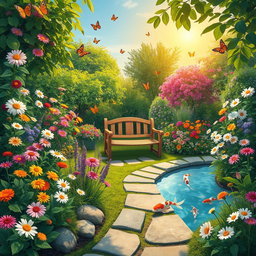 A vibrant and whimsical garden filled with blooming flowers of various colors, lush green plants, and delicate butterflies fluttering around