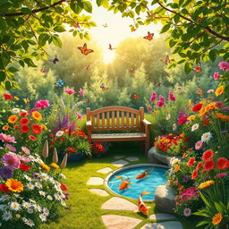 A vibrant and whimsical garden filled with blooming flowers of various colors, lush green plants, and delicate butterflies fluttering around