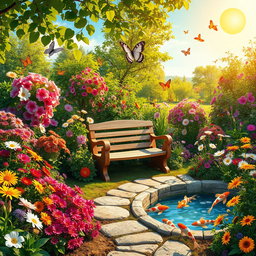 A vibrant and whimsical garden filled with blooming flowers of various colors, lush green plants, and delicate butterflies fluttering around