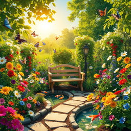 A vibrant and whimsical garden filled with blooming flowers of various colors, lush green plants, and delicate butterflies fluttering around