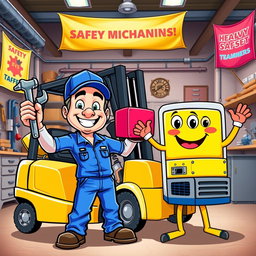 A cheerful and energetic cartoon-style mascot representing a mechanic alongside a forklift and a genset