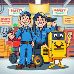 A cheerful and energetic cartoon-style mascot representing a mechanic alongside a forklift and a genset