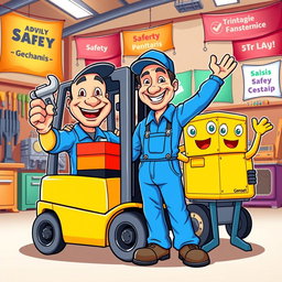 A cheerful and energetic cartoon-style mascot representing a mechanic alongside a forklift and a genset