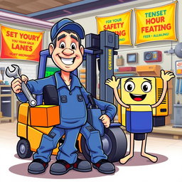A cheerful and energetic cartoon-style mascot representing a mechanic alongside a forklift and a genset