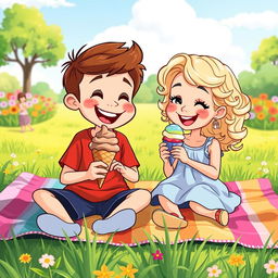 A vibrant cartoon illustration of two siblings joyfully eating ice cream together