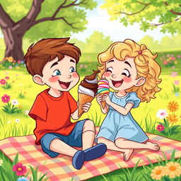 A vibrant cartoon illustration of two siblings joyfully eating ice cream together