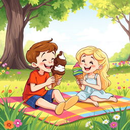 A vibrant cartoon illustration of two siblings joyfully eating ice cream together
