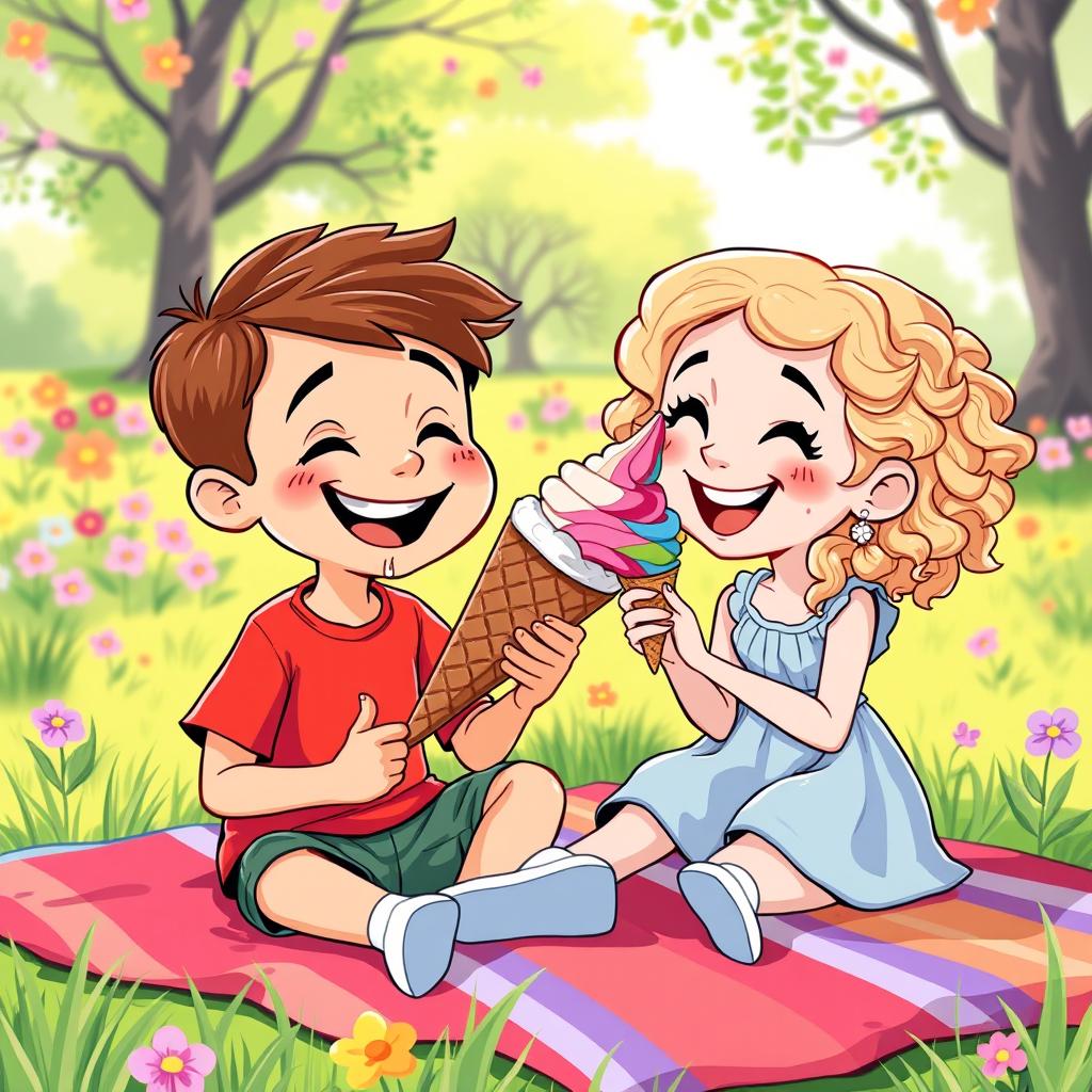 A vibrant cartoon illustration of two siblings joyfully eating ice cream together