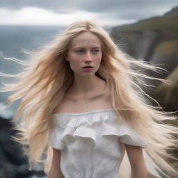 Revise the previous scene with the same model, but now she has flowing blonde hair that is being ruffled by the wind on the cliff's edge.