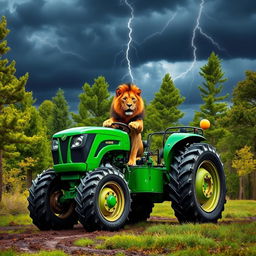 A wild lion expertly driving a bright green tractor through a lush forest