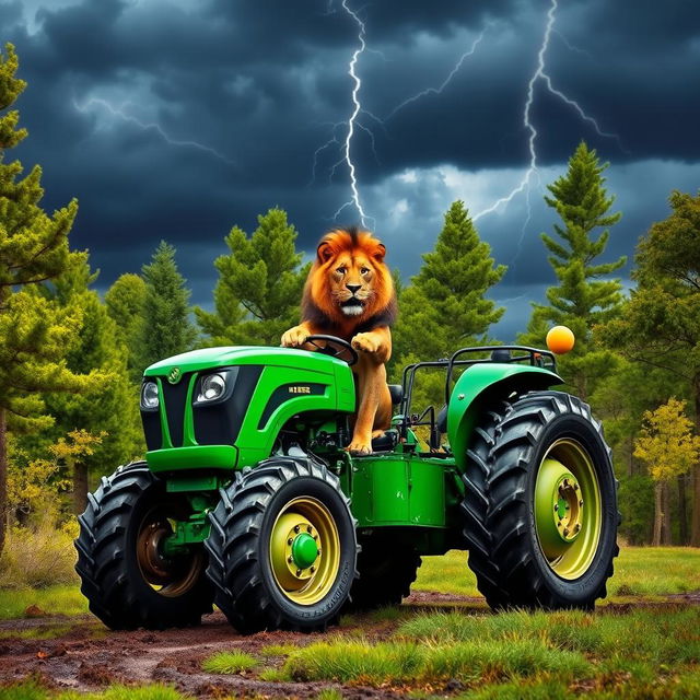 A wild lion expertly driving a bright green tractor through a lush forest