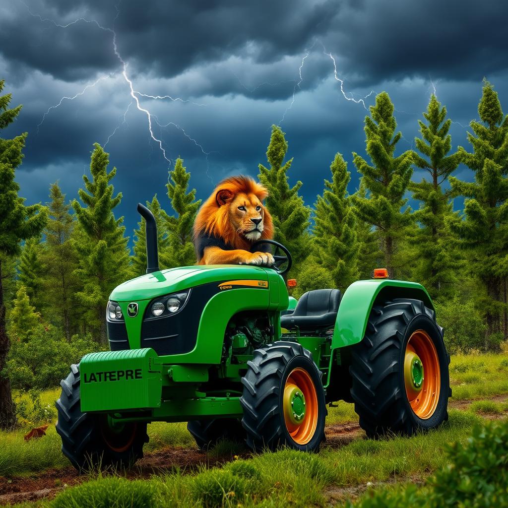 A wild lion expertly driving a bright green tractor through a lush forest