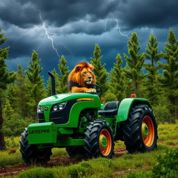 A wild lion expertly driving a bright green tractor through a lush forest